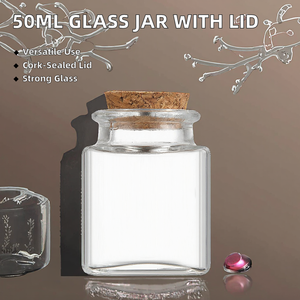 50ml vuông thủy tinh khô hoa thực phẩm <span class=keywords><strong>Jar</strong></span> với rõ ràng nút chai nắp và nắp bằng gỗ cho thạch Màn hình in ấn xử lý bề mặt - Product Image 2