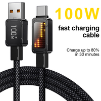 Câble de charge rapide USB-C tressé 100W avec affichage lumineux, gaine 100% nylon, transmission de données rapide 5A, certifié CE/ROHS/FCC, pur
