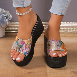 2025 Slope Heel <b>Slippers</b> for Women in the Summer of New Thick Soled Mid Heel Beach Fish Mouth One Line <b>Slippers</b> for Women 1903 - Product Image 1