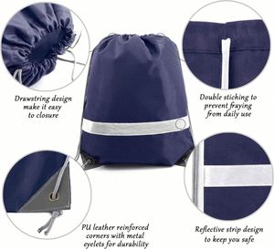Customized DIY Navy Blue Drawstring Backpacks Polyester Cinch Sack Reflective Gym <b>String</b> <b>Bags</b> for Team Sports - Product Image 3