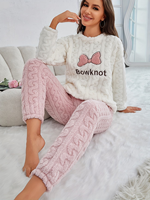 Pyjama thermique d'hiver en flanelle pour femme, 100 % polyester, 220 g, uni, col lisse, tricot doux, manches longues, longueur intégrale, avec cordon de serrage