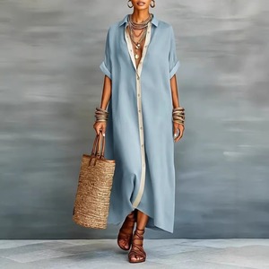 Nuevo Vestido Camisero de Verano 2026 al por Mayor con Bloques de Color en Contraste, Estilo <span class=keywords><strong>Francés</strong></span> Chic, Holgado, Oversize, de Algodón y <span class=keywords><strong>Lino</strong></span>, Maxi Vestido Tallas Grandes Negro - Product Image 4