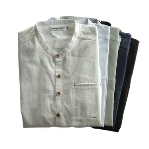 Wholesale Men's Linen Shirts Customized Collarless Long Sleeve Casual Shirts 100% Hemp Shirt For Men