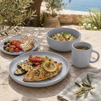 Service de table en céramique de luxe OEM 16 pièces, gris mat, assiettes, bols, tasses, durable, compatible lave-vaisselle et four, pour la cuisine et la salle à manger