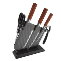 Ensemble de 6 couteaux en acier inoxydable ondulé noir avec manches en bois, compatibles lave-vaisselle, ciseaux ambidextres, éplucheur translucide fumé