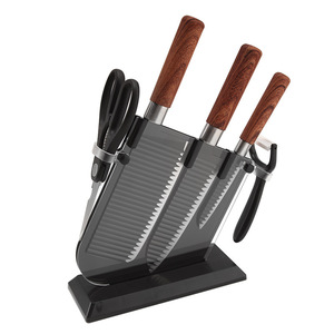 Ensemble de 6 couteaux en acier inoxydable ondulé noir avec manches en <span class=keywords><strong>bois</strong></span>, compatibles lave-vaisselle, <span class=keywords><strong>ciseaux</strong></span> ambidextres, éplucheur translucide fumé - Product Image 1
