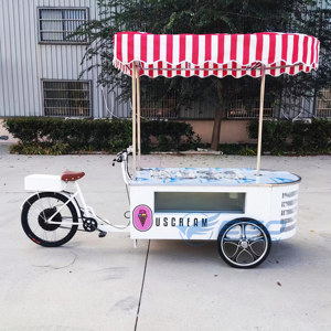 Electric Ice Cream Bike Cart with Red White Stripe Canopy and Storage Box Food Truck Q235B Steel Car <b>Paint</b> - Product Image 3