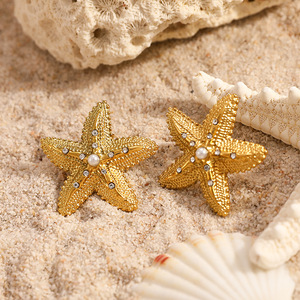 Pendientes de Estrella de Mar con Incrustaciones de Diamantes de Imitación, Chapados en Oro de 18K, Joyería de Moda con Temática Oceánica - Product Image 4