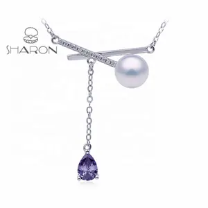 Fashion Natural Color Bow Gemstone Pendant Sterling Silver CZ Pearl Mount Pendant For party