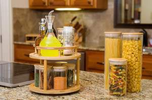 Porte-épices en bambou à 2 niveaux, étagère rotative pour épices de <span class=keywords><strong>cuisine</strong></span> pour le rangement des bouteilles d'assaisonnement - Product Image 3