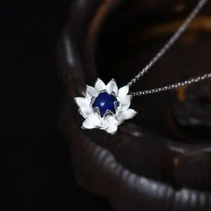 Solid 925 sterling silver gold plated flower pendants lapis lazuli lotus design necklace for womens fine jewelry