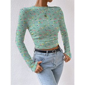 Solid Color Slim Long Sleeve Plaid Round Neck Women's T-Shirt Drawstring <b>Tops</b> Fashion - Product Image 2