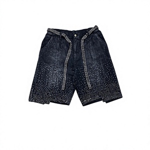 Shorts en jean respirants taille haute pour homme, délavés, avec rivets décoratifs, style décontracté printemps-été, coupe droite, en coton - Product Image 1