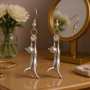 Boucles d'oreilles pendantes en forme de chat noir et or E3260 pour femmes, en alliage de zinc, avec cristaux et strass, bijoux fantaisie mignons en forme d'animal - Product Image 2