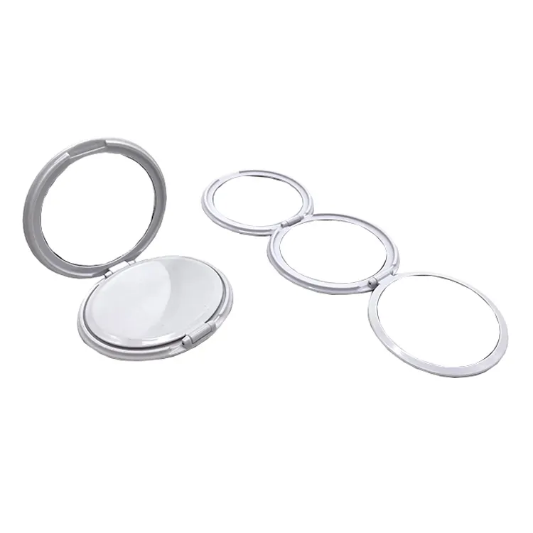 Nouveau design usine vente en gros blanc pliable trois côtés pli compact voyage portable rond miroir de maquillage de poche