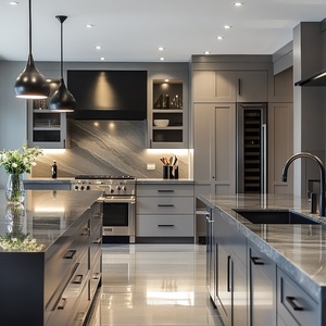 Modern Island Kitchen Complete Glossy Metal Laminate Cabinets French Kitchen Cabinets <strong>Supplier</strong> for Outdoor Melamine MDF Board - Product Image 3