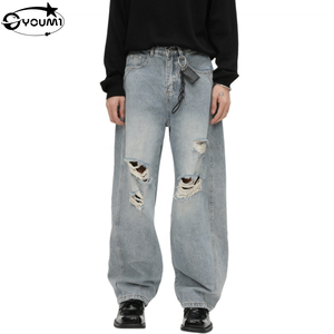 Fabricant de denim streetwear, jeans baggy droits sur mesure, style hip hop vintage, pantalons en denim déchirés - Product Image 1