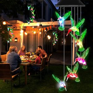 Outdoor Cor Mudando Light up Green Blue Hummingbird Solar Powered Memorial Wind Chimes para Yard Garden Home Decoração