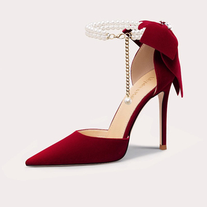 Sandalias de Tacón Blancas/Rojas para Novia con Correa de Tobillo de Perlas y Detalle de Lazo, Elegantes para Bodas - Product Image 1