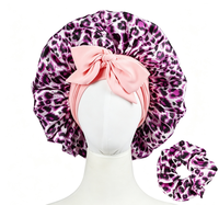 Topi Tidur Satin Motif Leopard Tahan Air Hangat Model Panjang dengan Pita Elastis Lebar untuk Wanita