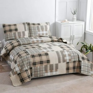 <strong>Neutral</strong> Tones Plaid Patchwork Quilted <strong>Bedding</strong> <strong>Set</strong> with Cotton Patchwork Quilted <strong>Bedding</strong> <strong>Set</strong> with Cotton Bed Cover Beauty - Product Image 1