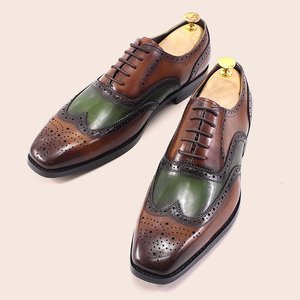 Chaussures Oxford en cuir véritable pour hommes, style business formel, marron-vert, perforées, bout carré - Product Image 4