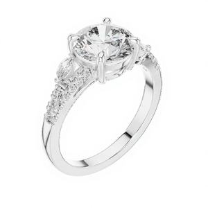 Bague de fiançailles solitaire élégante en moissanite taille ronde avec pierres latérales en forme de poire, plaquée or 14 carats |   Bague de mariée Pav Accent pour femme - Product Image 1