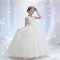 Robe de demoiselle d'honneur en tulle et dentelle bleu marine pour filles, robe de soirée sans manches en satin avec nœud pour enfants, OEM ODM personnalisé, vente en gros
