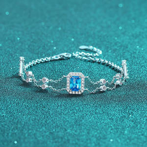 925 Sterling Silver Bracelet 5*7mm Emerald Cut Gra Certificate Blue Moissanite Diamond Bracelet Double <b>Rows</b> Adjustable Bangle - Product Image 3
