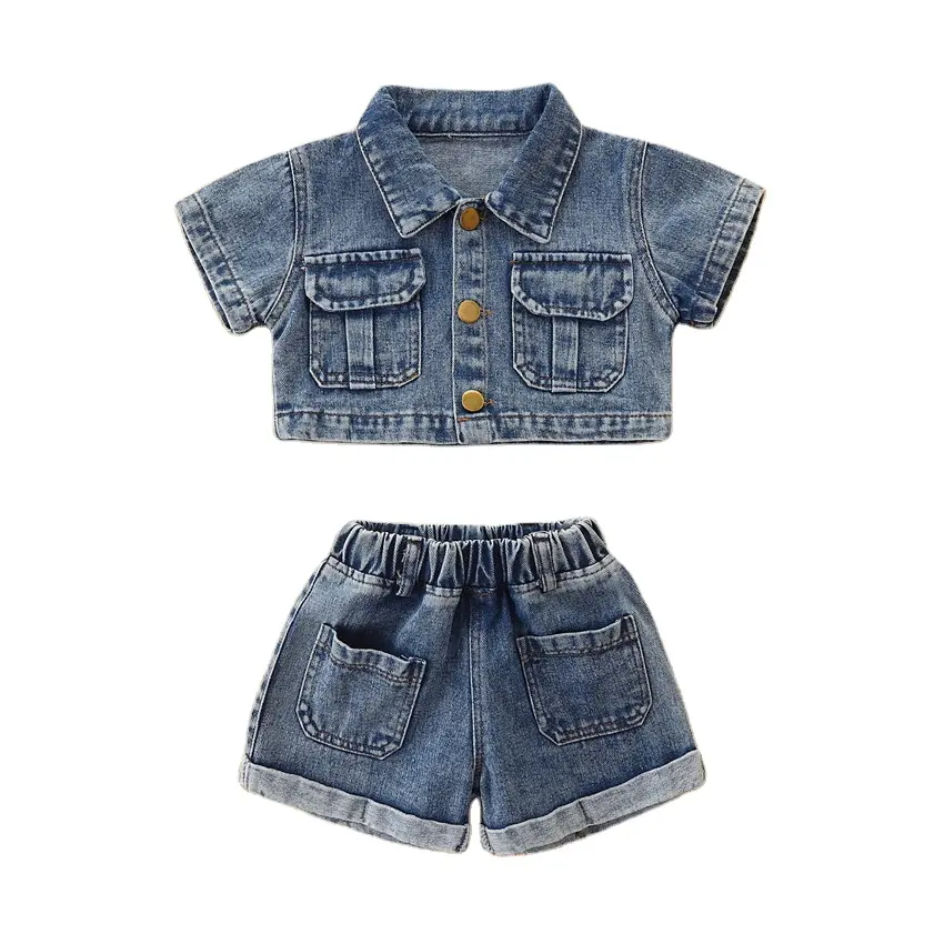 מכירה לוהטת קיץ תינוק אופנה בנות חליפת בגדי סטים יבול חולצות + כחול ג 'ינס מכנסיים 2pcs פעוטות בנות בגדים סט