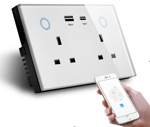 Tuya WiFi Smart UK Double Socket With USB c Type 220V 13A Luxury Glass Power Wall Switch Sockets Outlet