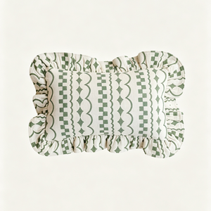 French Country Geometric Striped Print Frilled Border Lumbar <strong>Cushion</strong> <strong>Cover</strong> 100% Cotton <strong>Rectangular</strong> Decorative Throw Pillow <strong>Cover</strong> - Product Image 2