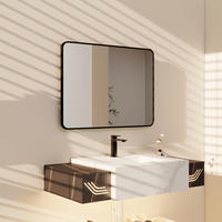 Miroir de salle de bain carré sans cadre en verre de style nordique simple avec cadre en alliage d'aluminium, éclairage LED, commande tactile et détection de présence humaine