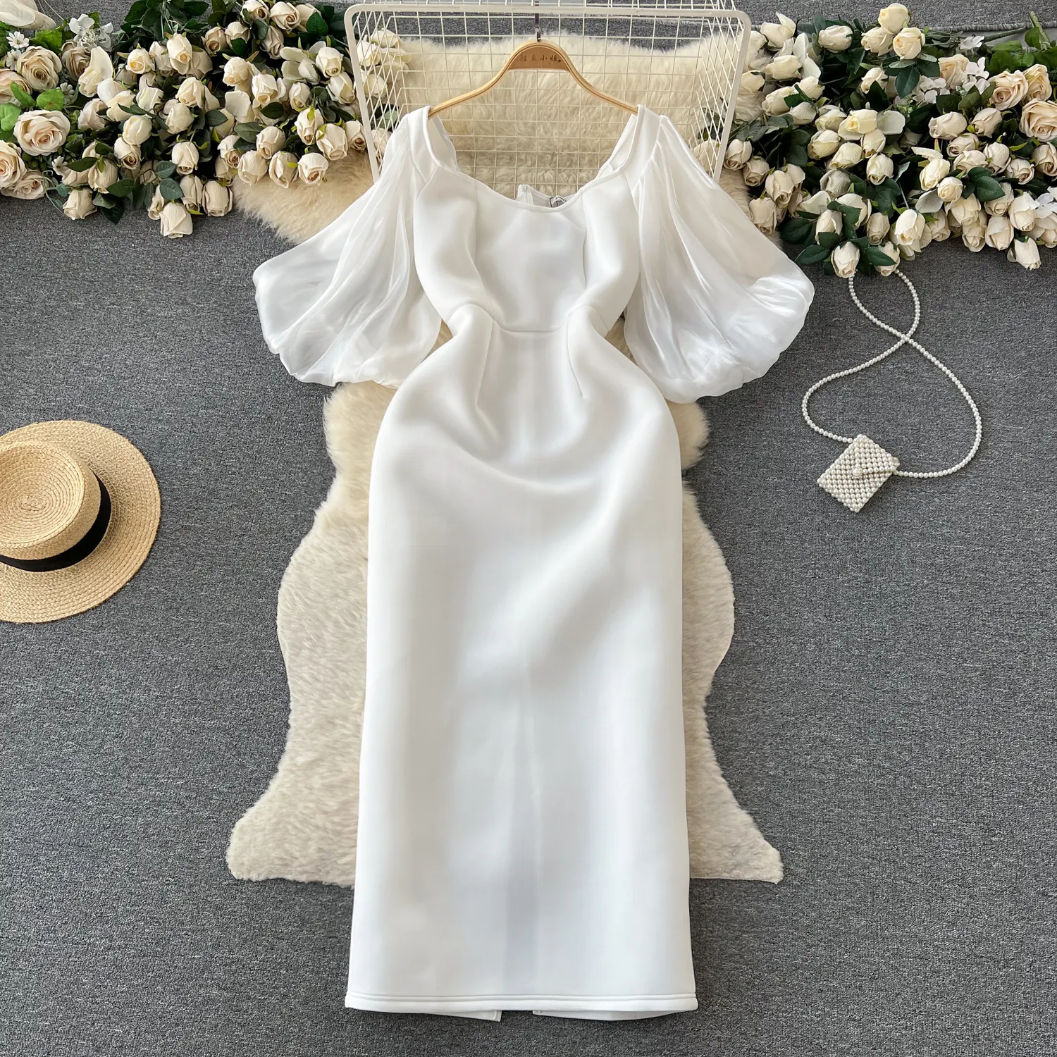 Vintage Haute Couture feminino branco Puffed Sleeve Patchwork de cintura alta Split Party Dress
