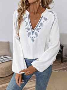 Großhandel Damen V-Ausschnitt Baumwoll-Bluse mit Stickerei Langarm Bestickte Bluse - Product Image 5