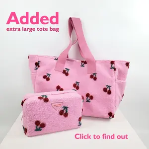 Embroidery Women Cute Soft Terry Cloth Pouch Bag Pink Custom Logo Fluffy Plush Teddy Fabric Makeup Cosmetic Bag With Cherry