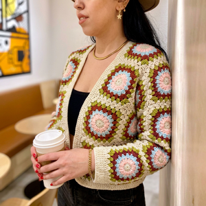 Women's Crocheted Patchwork Cardigan <b>Crop</b> Length Bohemian Style Full Sleeve Open Stitch 100% Acrylic - Product Image 1