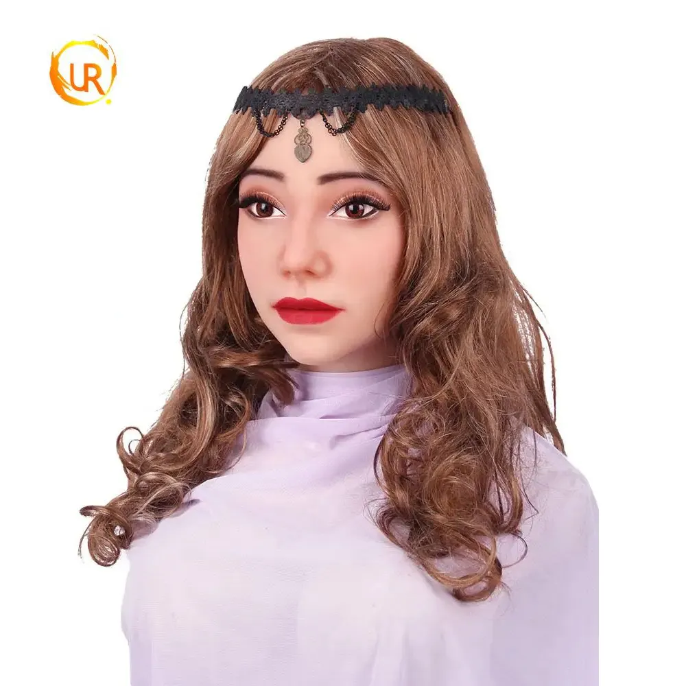 URCHOICE masker wanita pesta Halloween penutup kepala realistis dengan masker perempuan Cosplay tarik Ratu Crossdresser