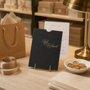 Pochette en papier pour cartes avec impression numérique personnalisée, porte-invitation avec monogramme doré, carton mat et carte d'insertion assortie - Product Image 6