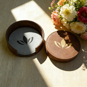 Bulk Laser Engraved Logo Classic Leather <strong>Coasters</strong> Storage Holder 6 Pack Heat Resistant <strong>Cup</strong> Mats Tea Wine Whiskey Office Gift - Product Image 4