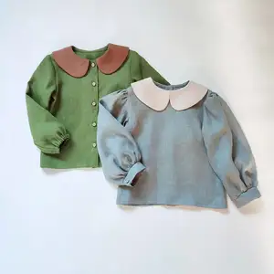 Kemeja Blok Warna Bayi Blus Kerah Peter Pan Katun Linen Kustom Kancing Belakang Biasa Puff Lengan Panjang Lengan Panjang Blus Gadis Kecil