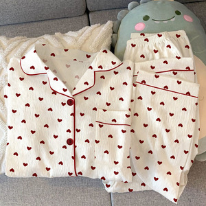 女式透气花卉甜美睡衣套装印花牛奶丝皱褶面料秋季舒适家居服睡衣 - Product Image 6