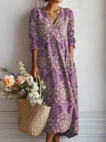 Robe Midi Bohème à Imprimé Floral pour Femme, Col en V, Manches 3/4, Coupe Ample Décontractée, en Mélange de Polyester, Coupe Trapèze, Idéale pour le Printemps