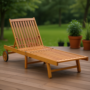 Lettino Prendisole in Legno di Acacia con Ruote, Reclinabile da Esterno, Design Rustico, Gambe Affusolate, Regolazione Manuale, Schienale Solido - Product Image 2