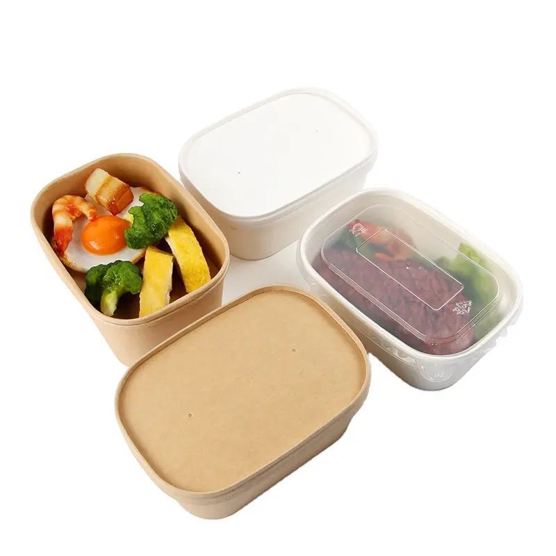 Factory's Customized Disposable 500ml-1000ml Square Salad Bowls Lids Paper Plates for Hot Food Catering for Food Stores