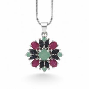 925 Sterling Silver Rhodium Plated Ruby <b>Emerald</b> Blue Sapphire Floral <b>Pendant</b> - Product Image 3
