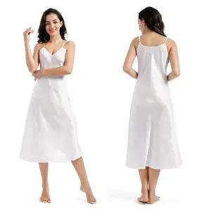 Usine Décontractée Longue Robe Mince Sexy Col En V Sangle Doux Lisse Mince Soie Pyjamas Satin Chemise De Nuit