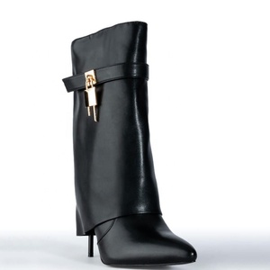 Fold Over Stiletto Women High Thin Heels <b>Booties</b> Girl's Shark Lock Short <b>Ankle</b> Boots Fancy Overlay Shoes - Product Image 6