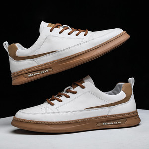 Men's <b>White</b> Leather Sneakers Low <b>Heel</b> Breathable Rubber Outsole EVA Midsole Casual Walking Shoes - Product Image 3