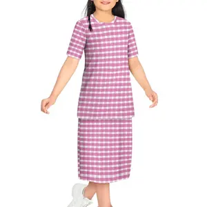 Summer Kid Cute Fashion Kids Puletsai Pink Retro Checked Short-sleeved Skirt Two Piece Full Print Polyester Breathable Puletsai